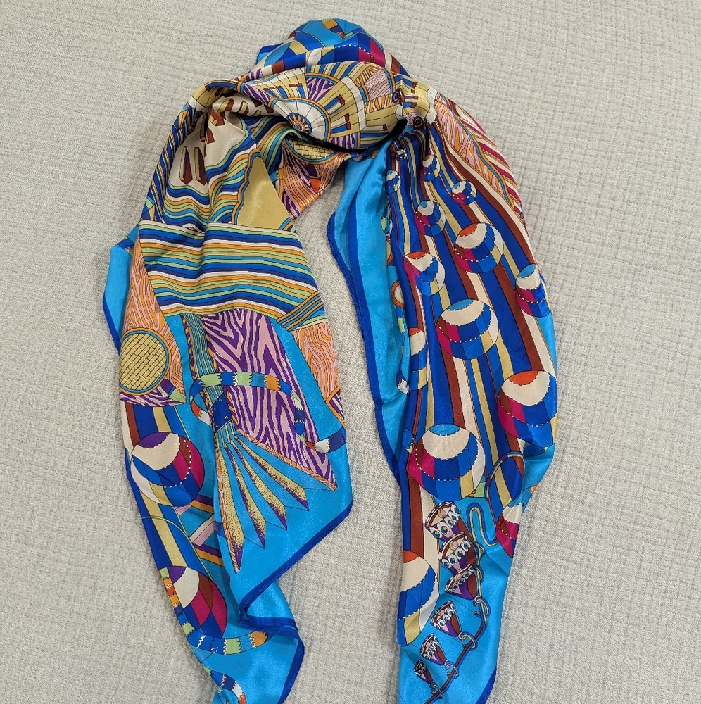 NWOT 100% Mulberry Silk. Never Used. Vibrant Blue and Orange Silk Scarf